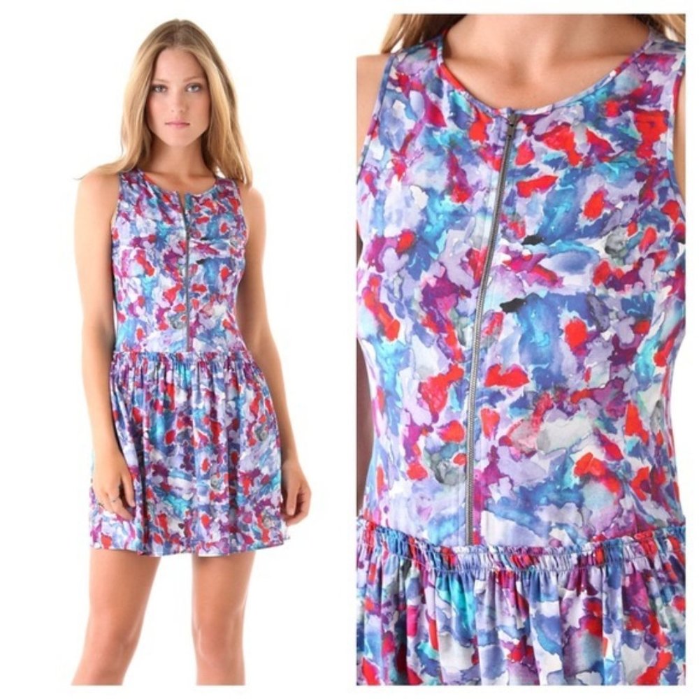 Theory Achi Zip-Front Perplexing Print Silk Watercolor Dress with Pockets Size 6